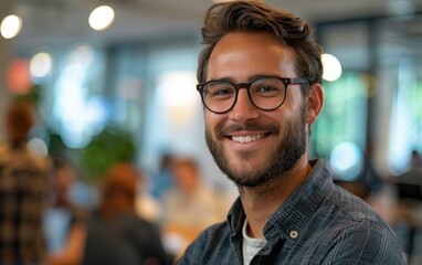 Obraz premium A happy man with glasses smiles at the camera in a modern office setting. He has a beard and is wearing a plaid shirt