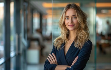 A confident Caucasian businesswoman stands in a modern office space, her arms crossed and a slight smile on her face