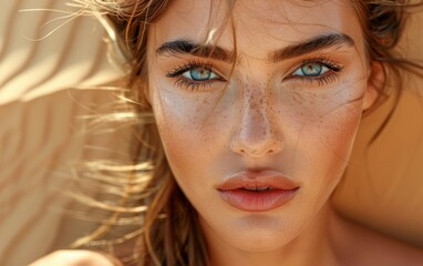 A closeup portrait of a woman with freckles and blue eyes. She has a natural makeup look and is bathed in sunlight