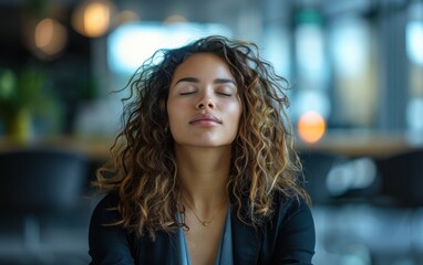 A corporate woman with curly hair is meditating at her desk in an office setting, finding moments of peace during the workday