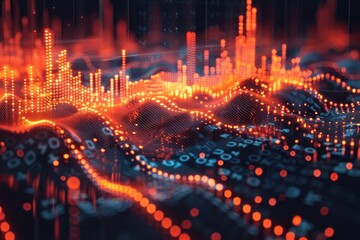 Abstract digital landscape with glowing red and blue lines and dots on a dark background.