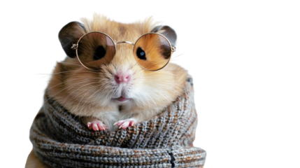 A cute hamster wearing sunglasses and a knitted sweater looks directly at the camera.