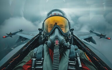Fototapeta premium A close-up of a fighter pilot in the cockpit of a jet during flight, with another jet visible in the background