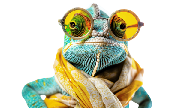A chameleon wearing large round sunglasses and a yellow scarf.