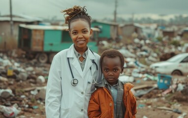 A female doctor stands next to a young African child in a slum setting