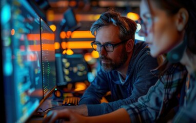 Obraz premium Two web IT developers are working together on a computer in a modern office setting at night