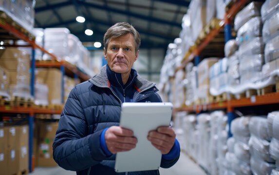 A warehouse worker uses a tablet to manage inventory in a large distribution center, showcasing modern technology in warehouse logistics