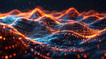 Abstract digital landscape with glowing waves and particles.
