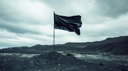 In a stark landscape a black flag flies upwards its ascent signifying triumph over adversity.