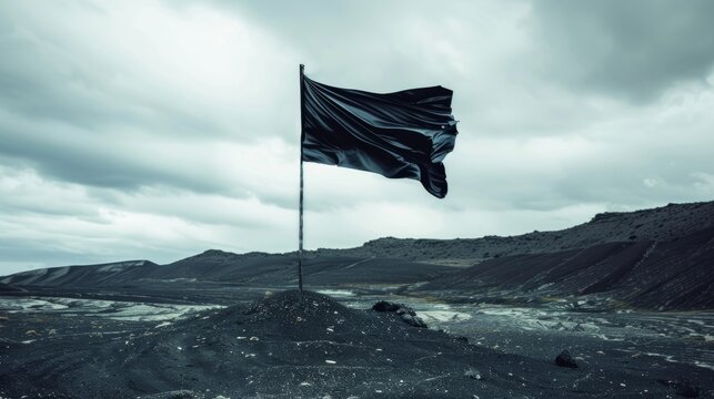 In a stark landscape a black flag flies upwards its ascent signifying triumph over adversity.