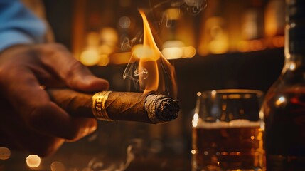 Naklejka premium Close-up of a hand lighting a cigar with a glass of whiskey on the table, creating a warm and cozy atmosphere in a bar.