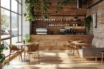 Inside the modern wooden, 3D-rendered coffee shop, there are cafe counters, tables and chairs, as well as sofas near the Windows.