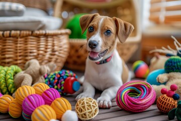 Close-up of pet accessories and toys.