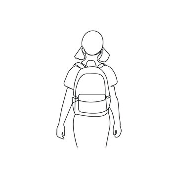 recommend clip art: Young girl with backpack isolated line drawing. Education concept hand-drawn illustration.