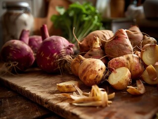 Freshly harvested root vegetables, including turnips and rutabagas, placed on a rustic wooden cutting board in a cozy kitchen setting.