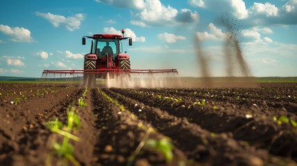 Fototapeta premium A red tractor sprays fertilizer on a field of young crops.