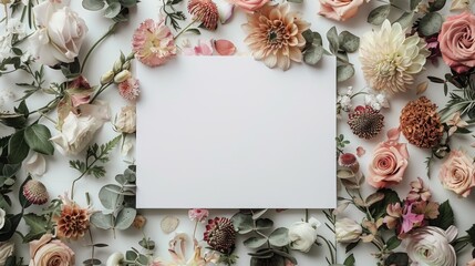 Blank paper with floral design from above for card mockup