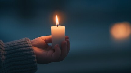 Closeup of a child s hand holding a lit shamash candle, ready to light the other candles on the menorah, capturing the ritual of Hanukkah candle lighting