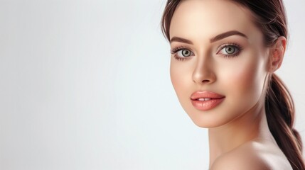 Obraz premium Skin care. Woman with beauty face touching healthy facial skin portrait. Beautiful smiling asian girl model with natural makeup touching glowing hydrated skin on blue background closeup.