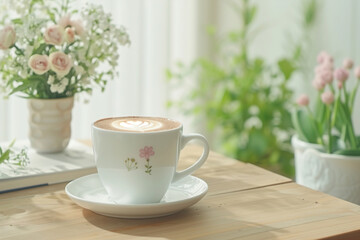 Obraz premium relaxing cup of hot coffee with cute latte art on cafe table.