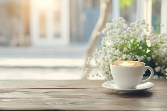 cute latte art cup of hot coffee on cafe table