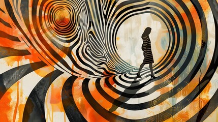 Black and white abstract spiral pattern design with circles, swirls, and a tech-inspired twist