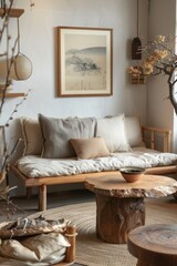 A cozy corner, natural wooden furniture, neutral decor, and minimalist design embody Japanese style in a peaceful setting