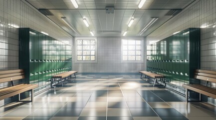 Empty green locker room with benches