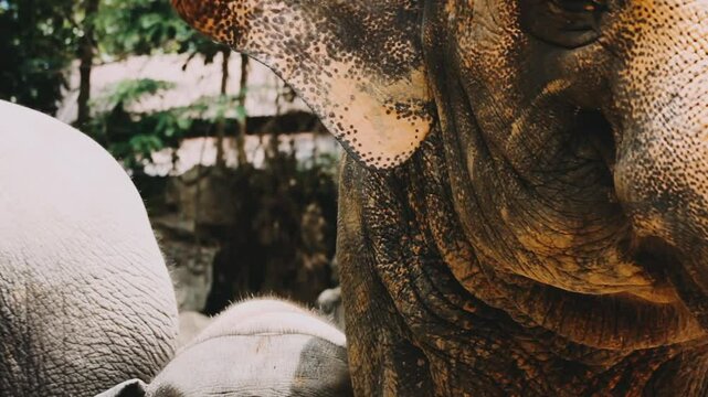 Two large land mammals, Asian elephants, elephas maximus standing side by side, covered in mud, flapping its ears, uses its long trunk to pick up food, eating branches with leaves on the ground.