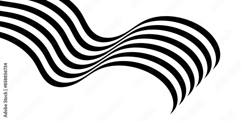 Wall mural black on white abstract perspective line wave with 3d dimensional effect isolated on white backgroun