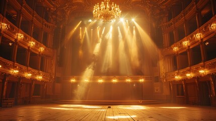An empty stage in an old theater, warm spotlights in golden lights, surrounded by classic wooden buildings and chandeliers