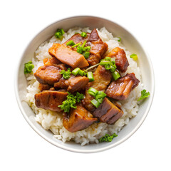 Braised pork rice on white bowl top view isolated on transparent background