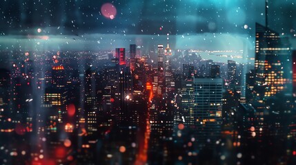 A futuristic cityscape with neon lights and a rainy sky. The city is seen from a high angle, with the buildings stretching into the distance.