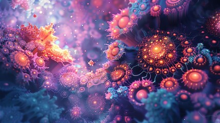Abstract background with glowing, colorful, organic shapes.