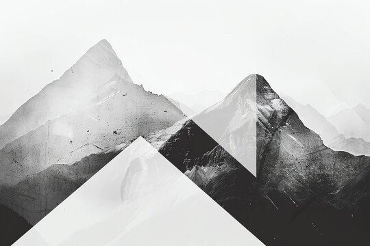 Abstract minimalist mountain range in black and white. Geometric shapes overlay the landscape.
