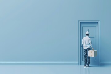 Fototapeta premium Delivery person in white and blue stands at a door with a package, on a plain blue background with space on the right.