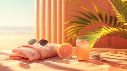 Fototapeta premium Relaxing summer beach scene with a pink towel, sunglasses, a glass of juice, and a slice of grapefruit.