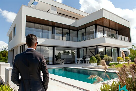 A man in a suit admires a modern luxury home with a pool and beautiful landscaping.