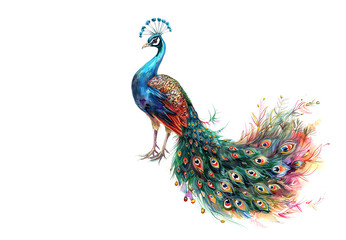 Obraz premium Watercolor painting of a peacock with feathers fanned out isolated on white background. Bird. Animals.