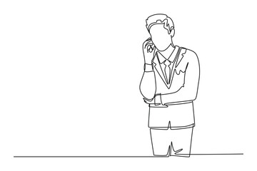 Single one line drawing young manager calling his staff using smartphone to ask finalizing company annual report. Business call concept. Modern continuous line draw design graphic vector illustration