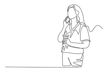 Single one line drawing female employee talking with her work partner on phone while holding a cup of coffee drink. Drinking tea concept. Modern continuous line draw design graphic vector illustration