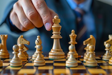 A businessman's hand moves a chess piece, signifying strategic thinking and calculated moves in business.