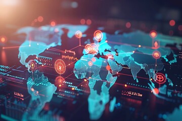 A futuristic digital world map with glowing red and blue lights, representing global connectivity and data flow.