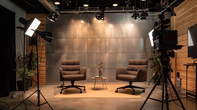 The interior of a studio is set up for podcasting and interviews, featuring two chairs.
