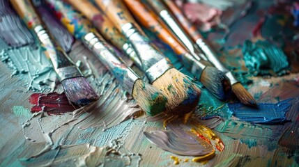 Obraz premium Close up of vintage paintbrushes on wooden table
