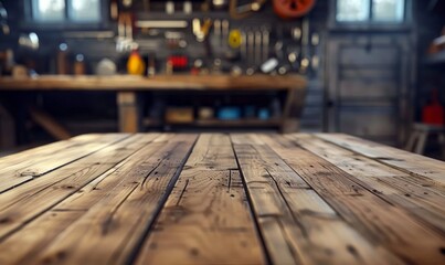 Empty wooden surface on a blurred background of the garage or home workshop.Blank wooden workbench on the background of a storage Mock-up of a showcase for demonstrating products and tools. Copy space