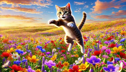 The cat playfully jumping in a field of flowers, with vibrant colors and a joyful atmosphere