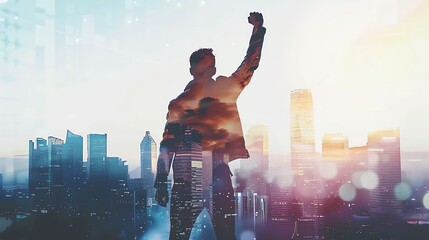 Silhouette of a man celebrating success with a city skyline and sunset in the background.