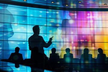 Silhouetted businessman presenting to audience in front of large digital display.