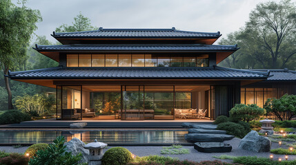 Naklejka premium Exterior view of a Japanese minimalist two-story mansion, sharp tiled roof, surrounded by closed walls, little glass,